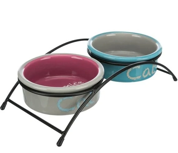 TRIXIE Set keramických misek se stojánkem 2 × 0,3 l / ø 12 cm světle šedá/tmavě růžová/světle modrá
