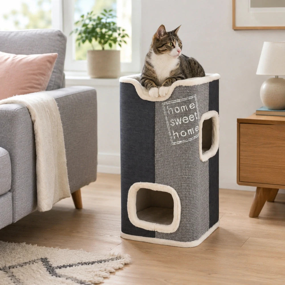 TRIXIE Cat Tower JORGE s odpočívadlem,šedá s béžovou kožešinou 78cm