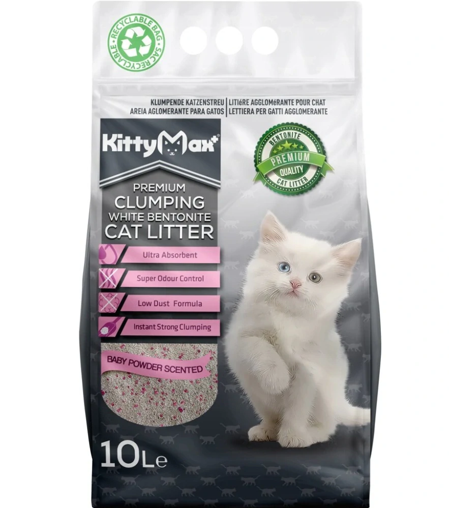 KITTYMAX hrudkující, bezprašný bílý bentonit BABY POWDER 10 l