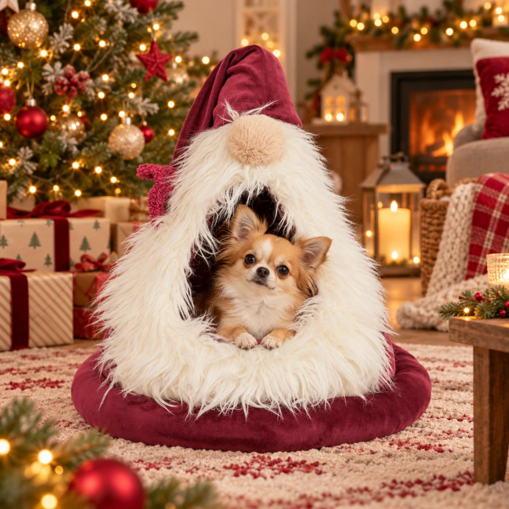TRIXIE Xmas Bed Dwarf, vánoční sametová kukaň Skřítek, ø 45 × 47 cm, bordó