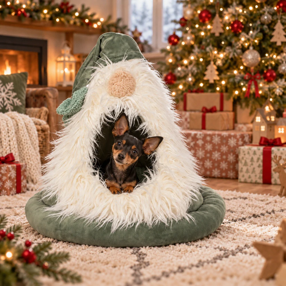 TRIXIE Xmas Bed Dwarf, vánoční sametová kukaň Skřítek, ø 45 × 47 cm, šalvějová
