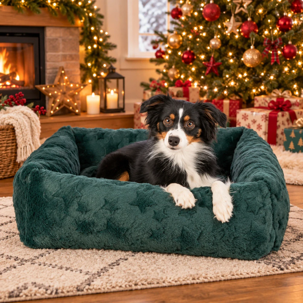 TRIXIE Xmas Bed Stars, vánoční obdélníkový pelech s okrajem, tmavá zelená 100 x 70 cm