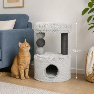 TRIXIE Škrábadlo HARVEY, kukaň, 2 sloupky, odpočívadlo 73cm, dlouhovlasý plyš, šedá
