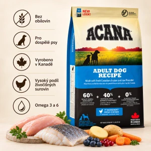 ACANA Adult Dog Recipe – bezobilné krmivo pro dospělé psy s kuřecím masem, rybami a omega mastnými kyselinami.