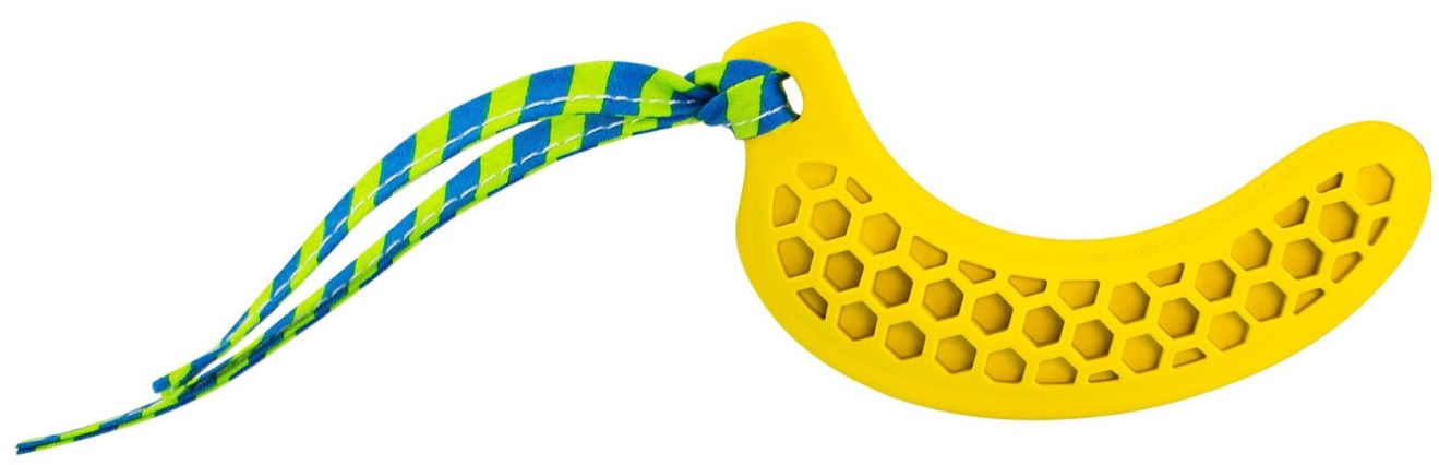 Dentální hračka banán přírodní guma pro štěňata s látkovým střapcem 12 cm HipHop