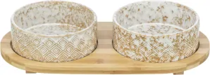 TRIXIE Set misek v bambusovém stojanu, bílá/světlehnědá 2 × 0,3 l/ ø 12 cm/ 30 x 6 x 15 cm