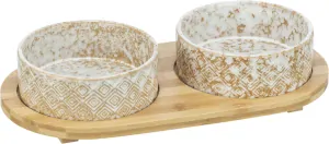 TRIXIE Set misek v bambusovém stojanu, bílá/světlehnědá 2 × 0,8 l/ ø 16 cm/ 39 x 8 x 20 cm