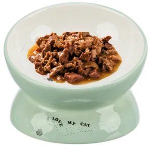 TRIXIE Keramická miska vyvýšená s motivem kočky, ergonomický tvar, 0,15 l / 13 cm, šalvěj/bílá