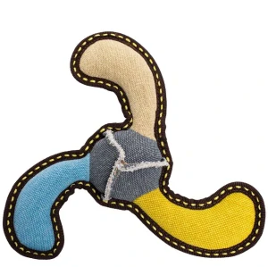 Bumerang jutový 27 cm, robustní aport pro psy, HIPHOP DOG, béžová/modrá/žlutá