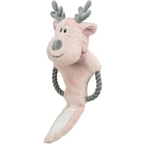 TRIXIE Vánoční sob na laně, šustící, 47 cm, plyš/bavlněné lano, růžová/šedá