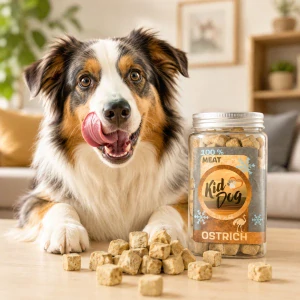KIDDOG Super Premium 100% freeze dried OSTRICH CUBES - čisté pštrosí maso sušené mrazem 100 g