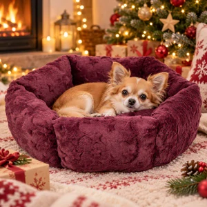 TRIXIE Xmas Bed Stars, vánoční kulatý pelech s okrajem, bordó ø 50 cm