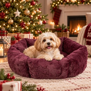TRIXIE Xmas Bed Stars, vánoční kulatý pelech s okrajem, bordó ø 60 cm