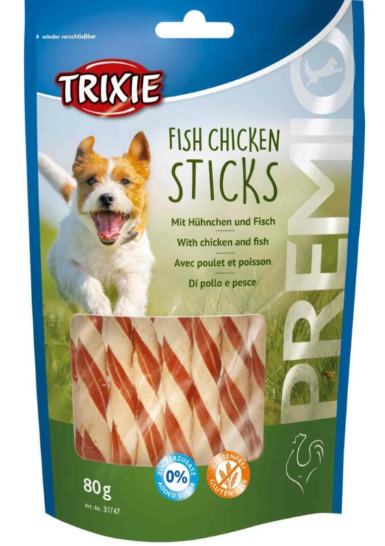 TRIXIE Premio FISH CHICKEN STICKS měkké tyčinky kuře s rybou 80 g