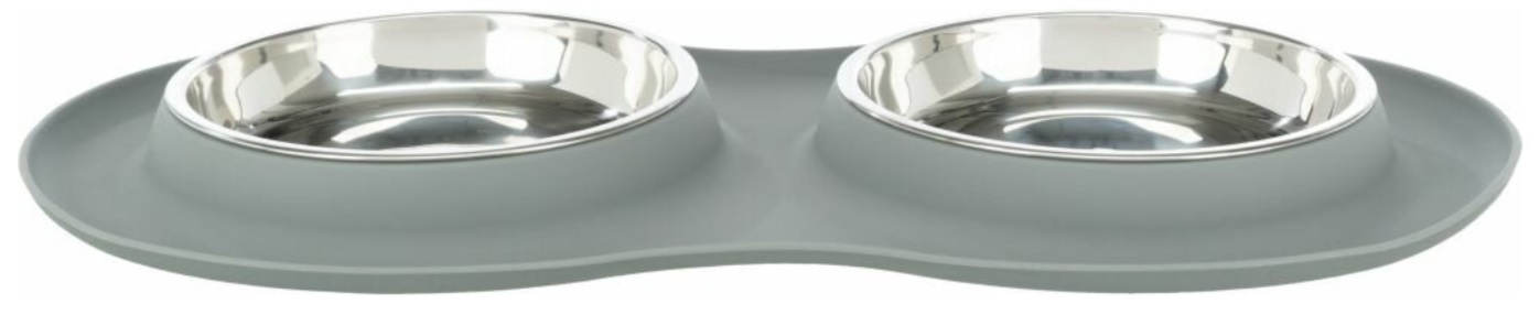 TRIXIE Set nízkých nerez misek v silikonovém prostírání, 2 × 0.3 l/ø 16 cm/47 × 3 × 26 cm, šedá