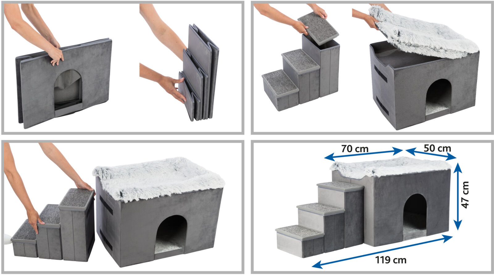 TRIXIE Interiérová boudička HARVEY se schůdky 119x47×50 cm, úložný prostor, šedá