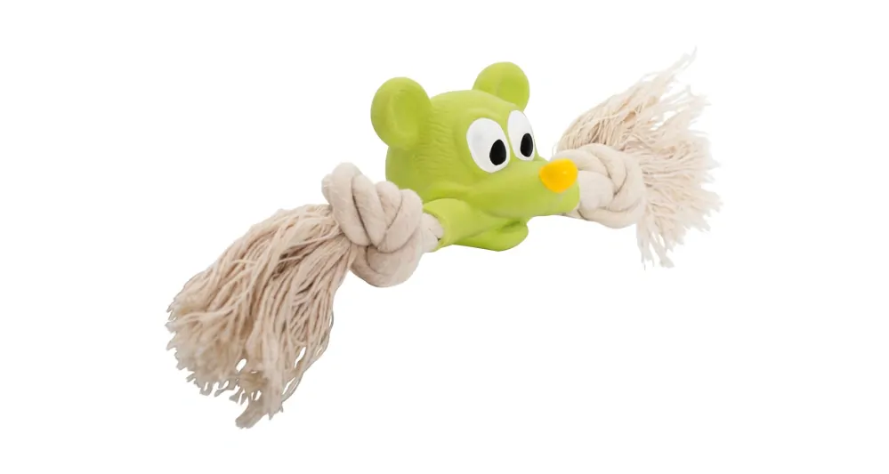 Hlava myšky MINI s bavlněnou činkou, se zvukem, 5x18 cm, zelená/přírodní, HipHop