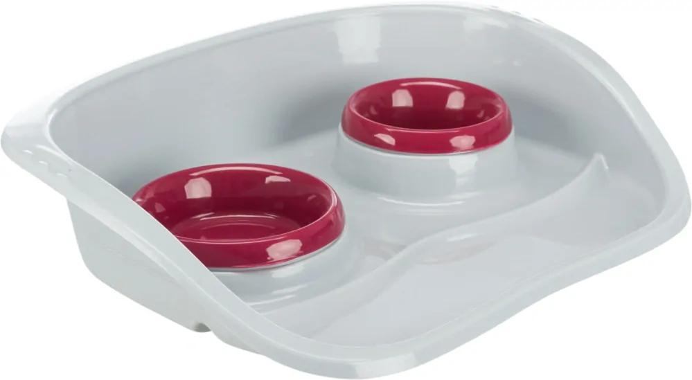 TRIXIE Plastový bar se 2 miskami (0,25 l/ 9cm a 0,3 l/11cm), 46x11x30 cm, šedá/různé