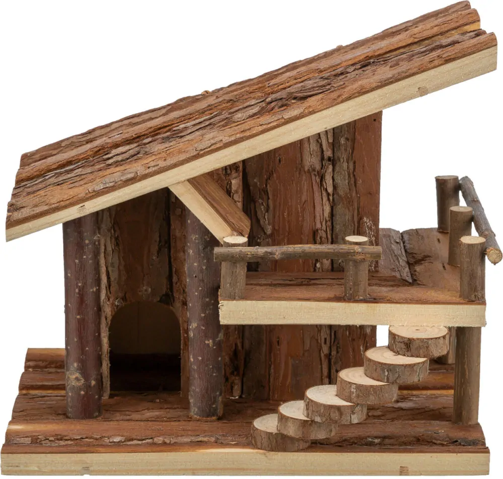 TRIXIE Chaloupka JULE s terasou, pro myšky, 25 x 21 x18 cm, přírodní dřevo s kůrou