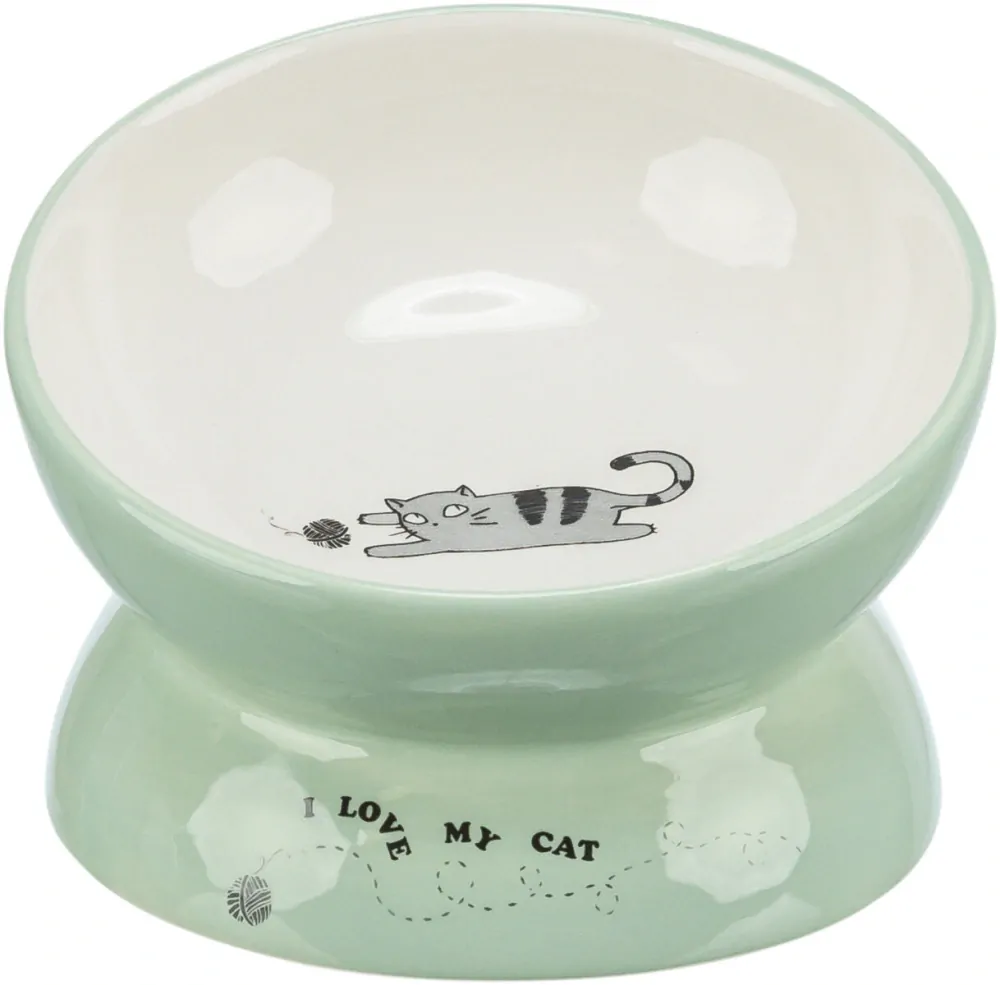 TRIXIE Keramická miska vyvýšená s motivem kočky, ergonomický tvar, 0,15 l / 13 cm, šalvěj/bílá