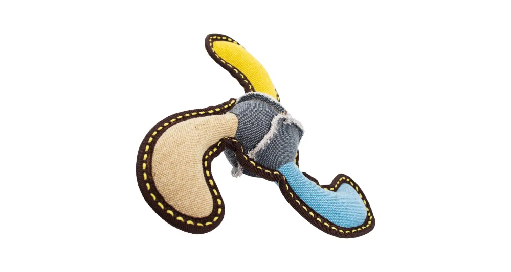 Bumerang jutový 27 cm, robustní aport pro psy, HIPHOP DOG, béžová/modrá/žlutá