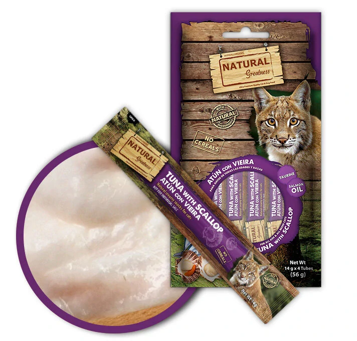 Natural Greatness Creamy DHA BRAIN, funkční pamlsek - tuňák, hřebenatka, 4 x 14 g