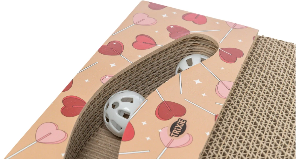 TRIXIE Škrabací karton VALENTINE, s míčky a catnipem, 38 x 5 x 30 cm, meruňková - LIMITOVANÁ NABÍDKA