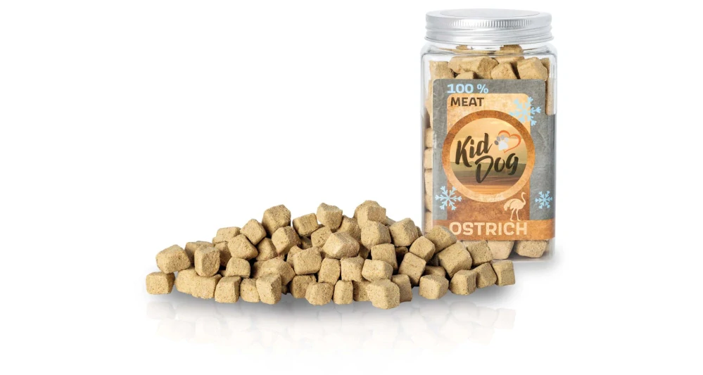 KIDDOG Super Premium 100% freeze dried OSTRICH CUBES - čisté pštrosí maso sušené mrazem 100 g