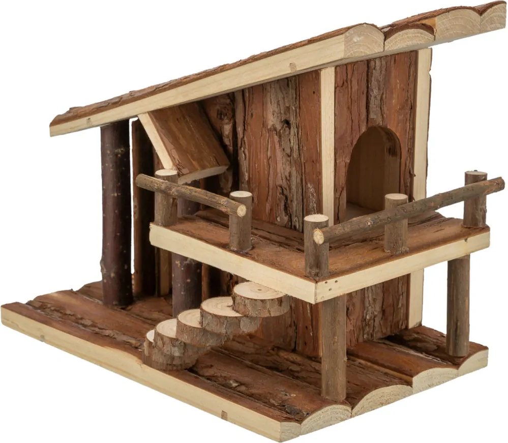 TRIXIE Chaloupka JULE s terasou, pro myšky, 25 x 21 x18 cm, přírodní dřevo s kůrou