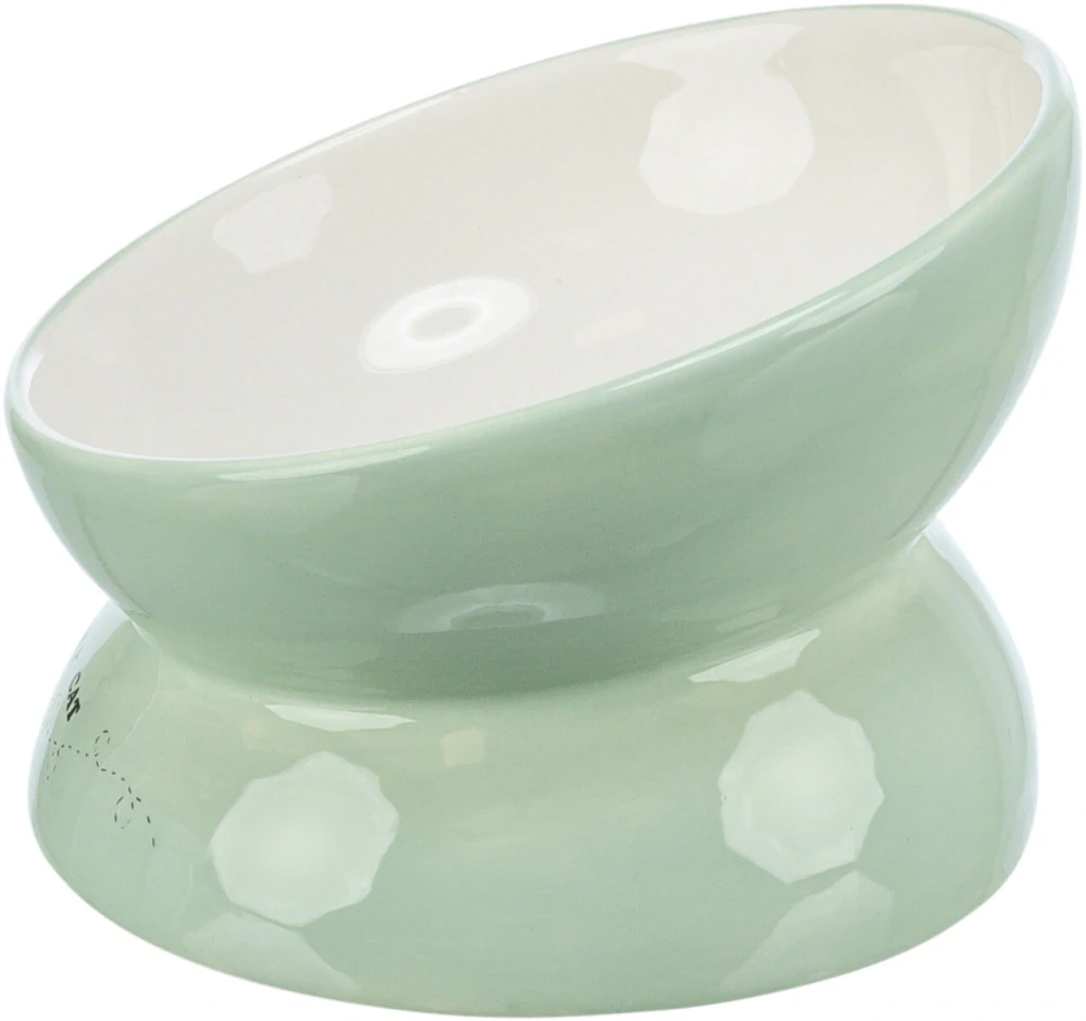 TRIXIE Keramická miska vyvýšená s motivem kočky, ergonomický tvar, 0,15 l / 13 cm, šalvěj/bílá