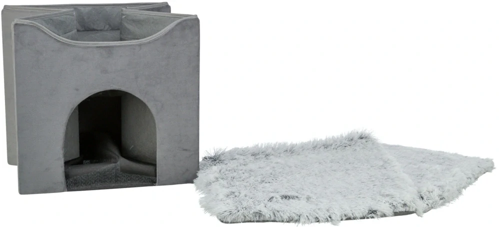 TRIXIE Kukaň HARVEY sametová se střešním lůžkem, 38 x 38 x 38 cm, šedá/bíločerná