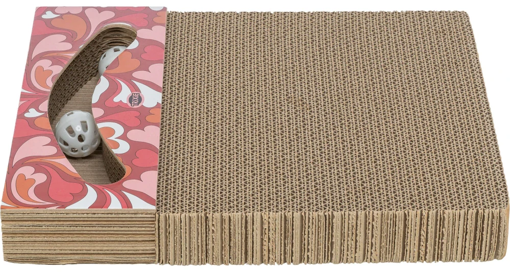 TRIXIE Škrabací karton VALENTINE, s míčky a catnipem, 38 x 5 x 30 cm, červená - LIMITOVANÁ NABÍDKA