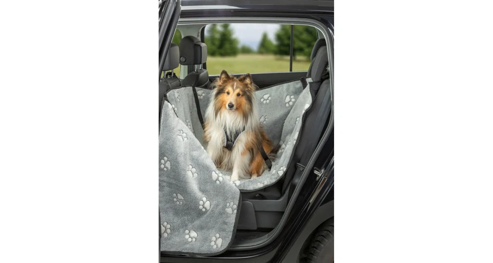 TRIXIE Potah na sedadlo auta, úzký, vysoké boční panely, 0.5 x 1.45 m, šedá s tlapkami/černá