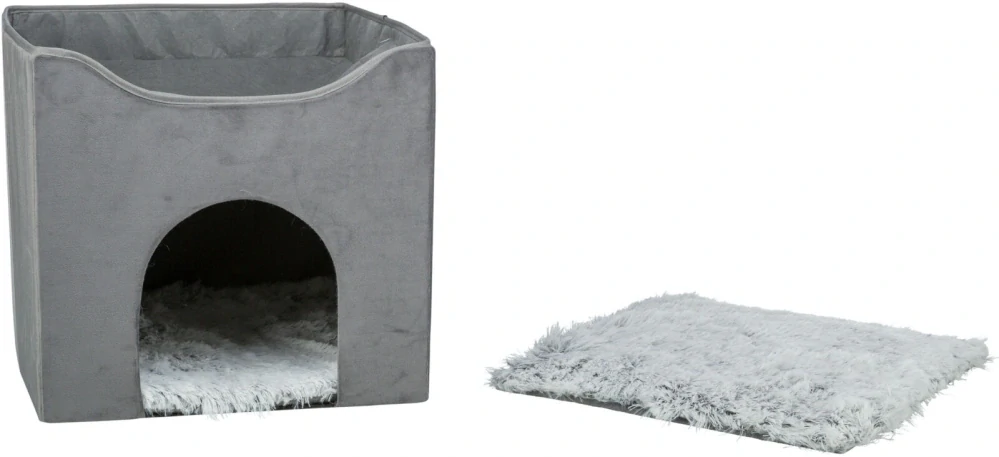 TRIXIE Kukaň HARVEY sametová se střešním lůžkem, 38 x 38 x 38 cm, šedá/bíločerná