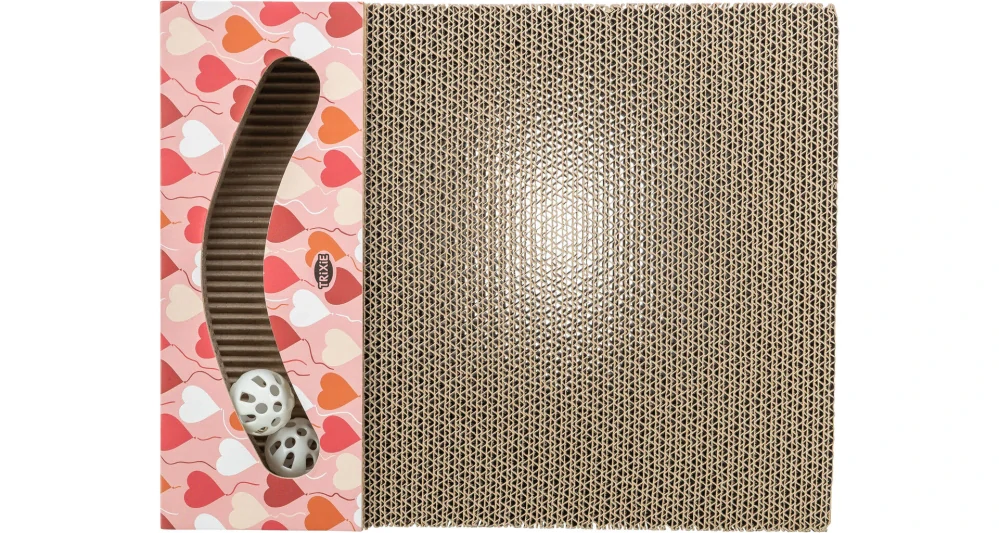 TRIXIE Škrabací karton VALENTINE, s míčky catnipem, 38 x 5 x 30 cm, lososová - LIMITOVANÁ NABÍDKA