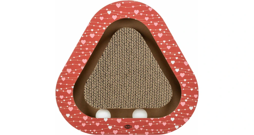 TRIXIE Škrabací karton VALENTINE triangl, s míčky a catnipem, 36 x 5 x 36/36 cm, červená - LIMITOVANÁ NABÍDKA