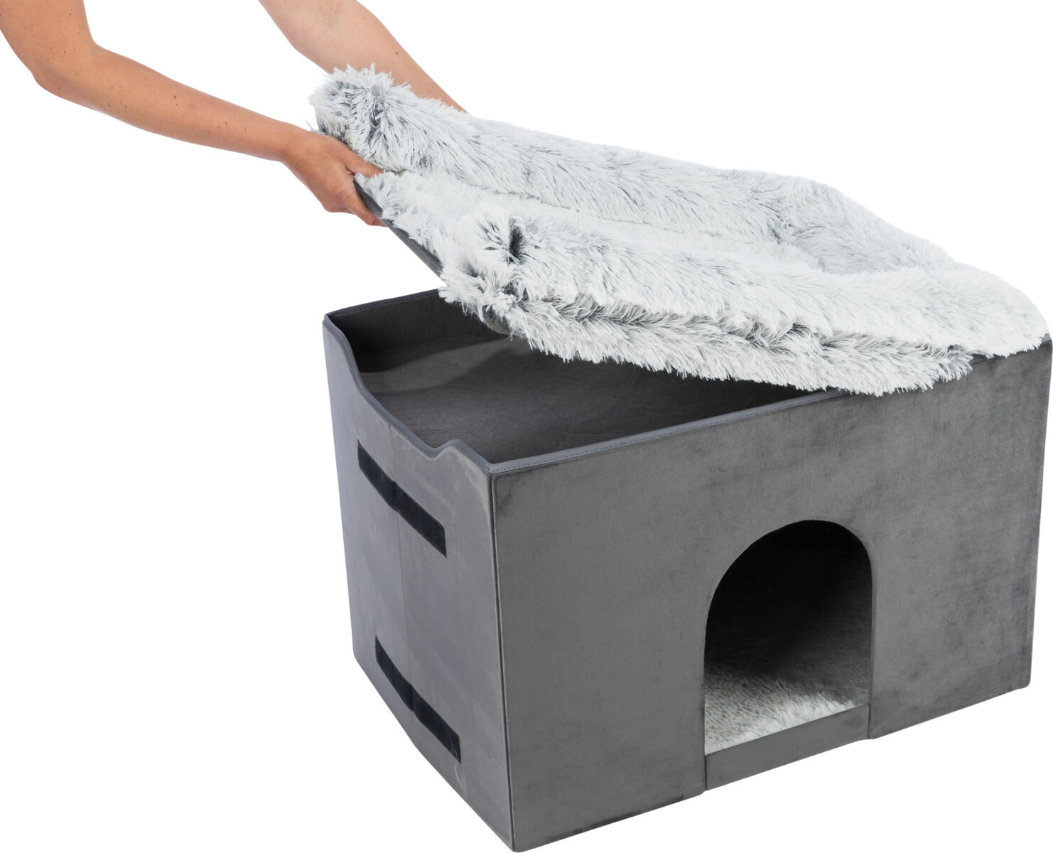 TRIXIE Interiérová boudička HARVEY se schůdky 119x47×50 cm, úložný prostor, šedá