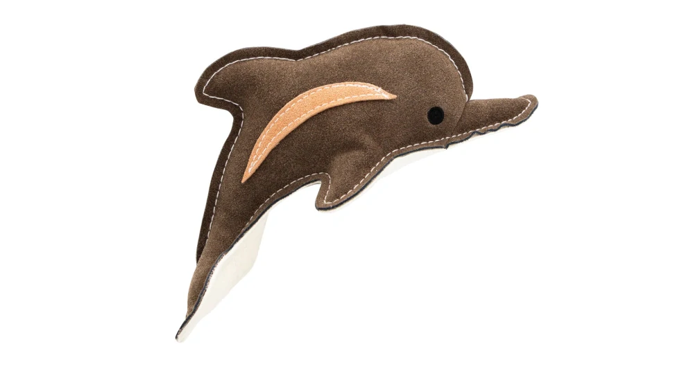 Delfín, 22 cm, kožená robustní hračka, HIPHOP DOG, hnědošedá/bílá