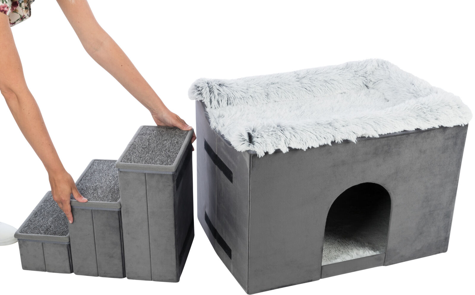 TRIXIE Interiérová boudička HARVEY se schůdky 119x47×50 cm, úložný prostor, šedá