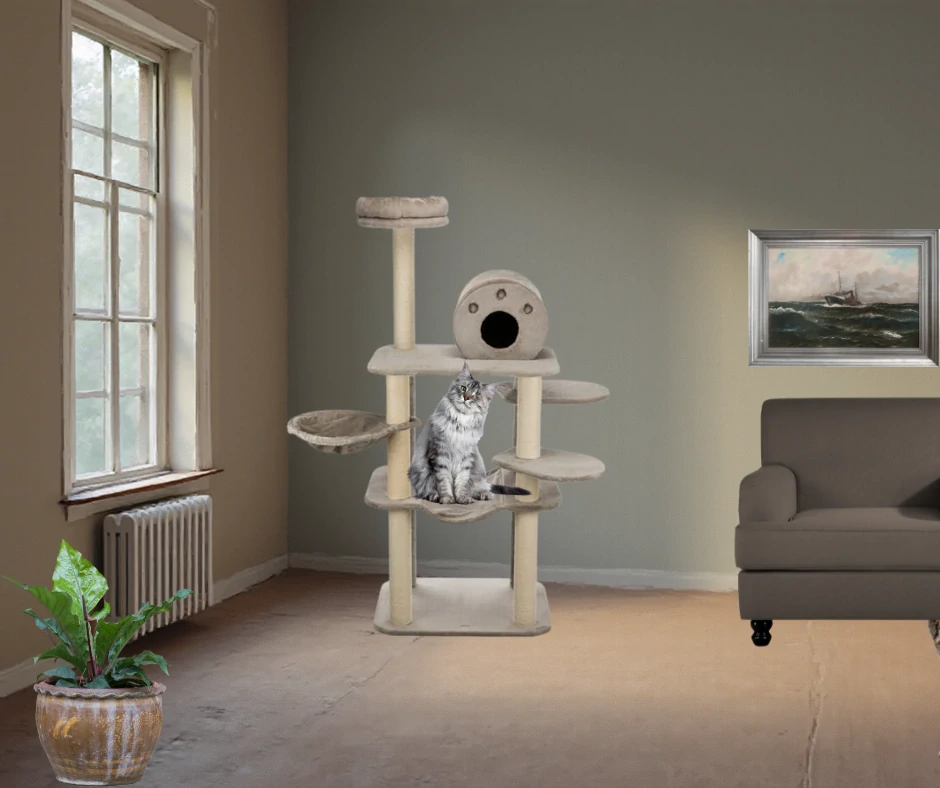 TRIXIE Škrabadlo FABIOLA, 4 sloupky, hamaka, jeskyně, 5 x podesta, 165 cm, šedá